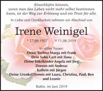 Traueranzeige von Irene Weinigel von Mitteldeutsche Zeitung