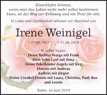 Traueranzeige von Irene Weinigel von Super Sonntag Wittenberg
