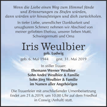Traueranzeige von Iris Weulbier von WVG - Wochenspiegel Dessau / Köthen
