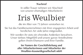 Traueranzeige von Iris Weulbier von Super Sonntag Dessau / Köthen