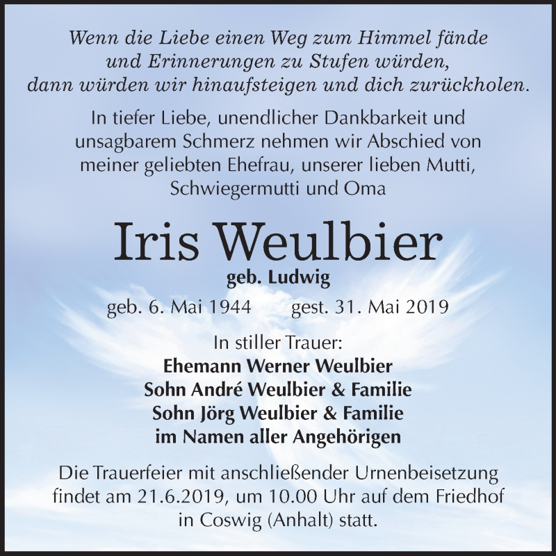  Traueranzeige für Iris Weulbier vom 08.06.2019 aus Mitteldeutsche Zeitung