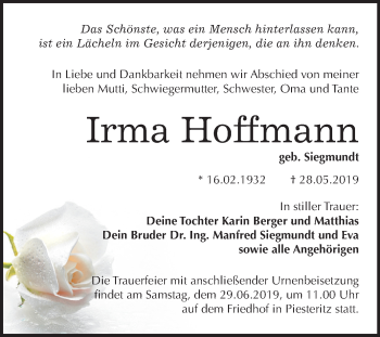 Traueranzeige von Irma Hoffmann von Mitteldeutsche Zeitung