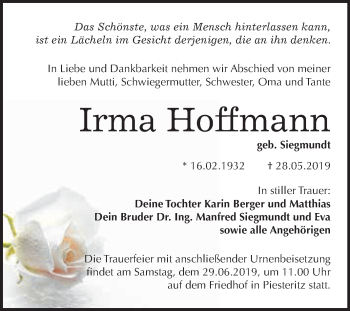 Traueranzeige von Irma Hoffmann von WVG - Wochenspiegel Wittenberg