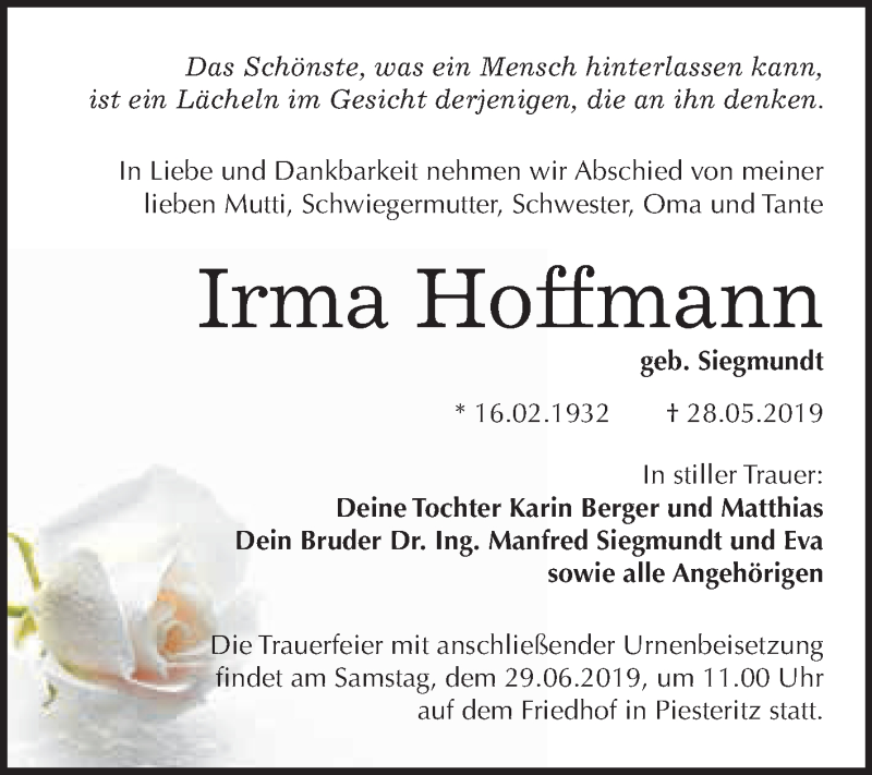  Traueranzeige für Irma Hoffmann vom 08.06.2019 aus WVG - Wochenspiegel Wittenberg