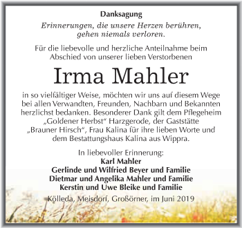 Traueranzeige von Irma Mahler von Super Sonntag SGH Mansf. Land
