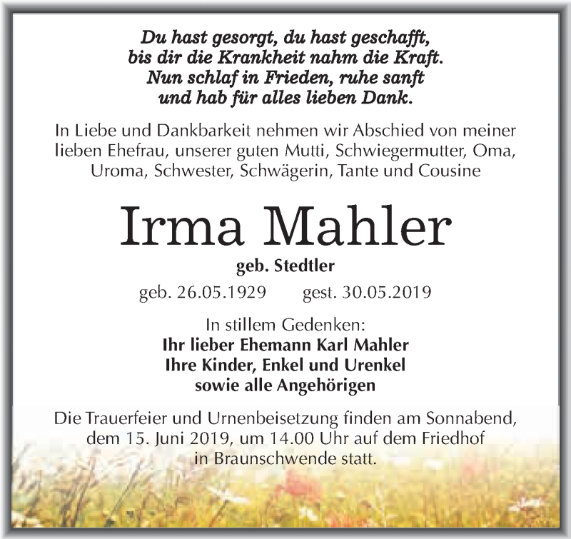  Traueranzeige für Irma Mahler vom 08.06.2019 aus Super Sonntag SGH Mansf. Land