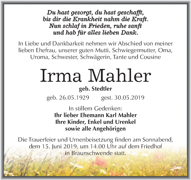  Traueranzeige für Irma Mahler vom 08.06.2019 aus Mitteldeutsche Zeitung Mansfelder Land