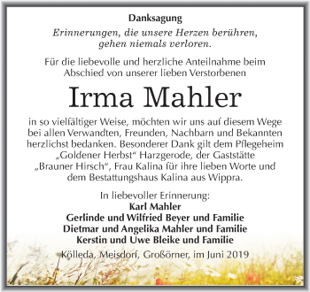 Traueranzeige von Irma Mahler von Mitteldeutsche Zeitung
