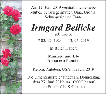 Traueranzeige von Irmgard Beilicke von Mitteldeutsche Zeitung Sangerhausen