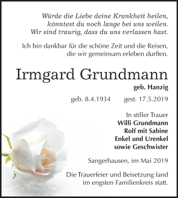 Traueranzeige von Irmgard Grundmann von Mitteldeutsche Zeitung Sangerhausen