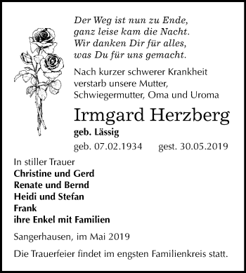 Traueranzeige von Irmgard Herzberg von Super Sonntag SGH Mansf. Land