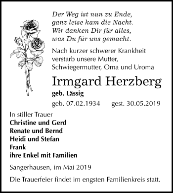 Traueranzeige von Irmgard Herzberg von Mitteldeutsche Zeitung Sangerhausen