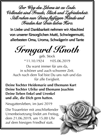 Traueranzeige von Irmgard Knoth von Mitteldeutsche Zeitung Bernburg