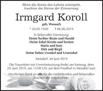 Traueranzeige von Irmgard Koroll von WVG - Wochenspiegel Quedlinburg
