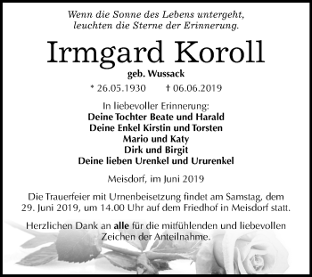 Traueranzeige von Irmgard Koroll von Mitteldeutsche Zeitung Quedlinburg