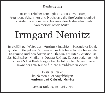 Traueranzeige von Irmgard Nemitz von Super Sonntag Dessau / Köthen
