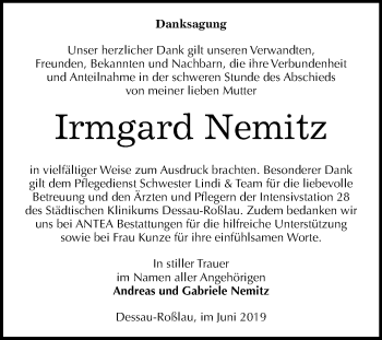 Traueranzeige von Irmgard Nemitz von Mitteldeutsche Zeitung Dessau-Roßlau