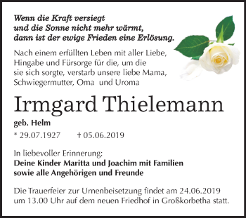 Traueranzeige von Irmgard Thielemann von Mitteldeutsche Zeitung Weißenfels