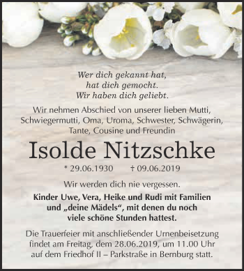Traueranzeige von Isolde Nitzschke von Super Sonntag Bernburg