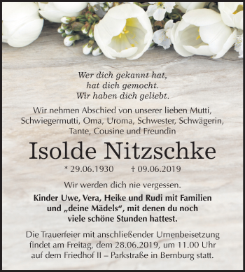 Traueranzeige von Isolde Nitzschke von Mitteldeutsche Zeitung Bernburg