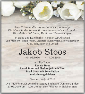 Traueranzeige von Jakob Stoos von Super Sonntag SGH Mansf. Land