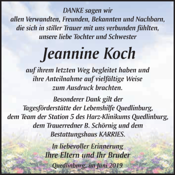Traueranzeige von Jeannine Koch von WVG - Wochenspiegel Quedlinburg