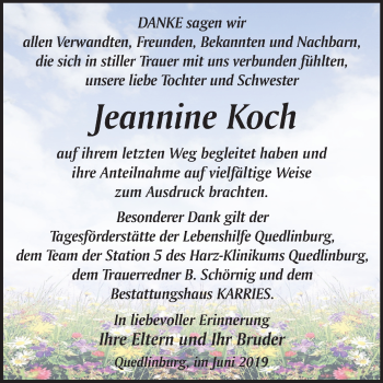 Traueranzeige von Jeannine Koch von Mitteldeutsche Zeitung Quedlinburg