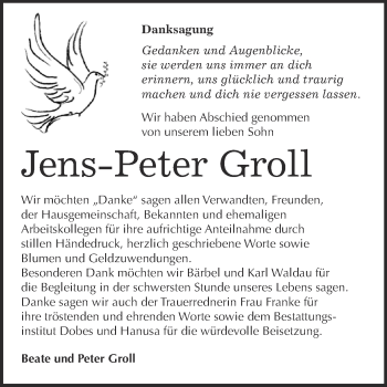 Traueranzeige von Jens-Peter Groll von Super Sonntag Bernburg