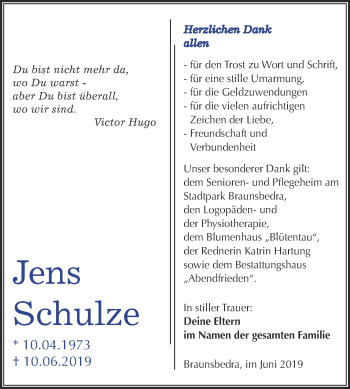 Traueranzeige von Jens Schulze von WVG - Wochenspiegel Merseburg