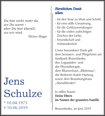 Traueranzeige von Jens Schulze von Mitteldeutsche Zeitung Merseburg/Querfurt