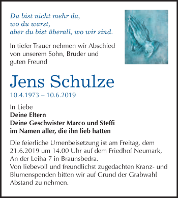 Traueranzeige von Jens Schulze von WVG - Wochenspiegel Merseburg