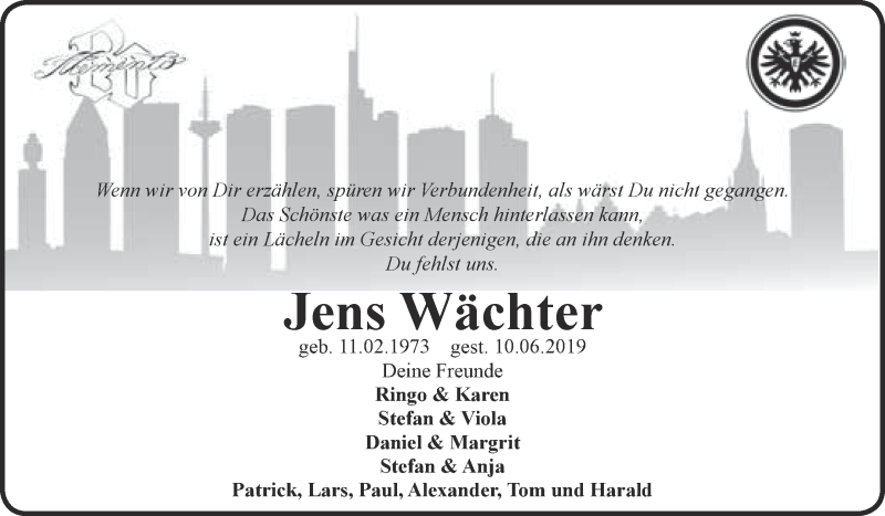 Traueranzeige für Jens Wächter vom 22.06.2019 aus Super Sonntag Wittenberg