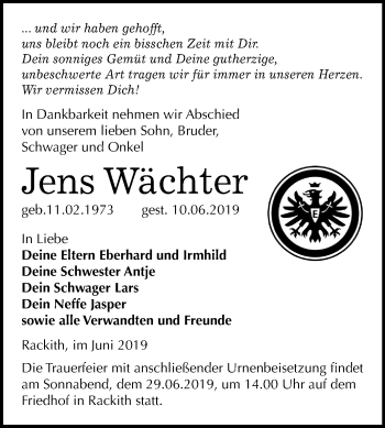 Traueranzeige von Jens Wächter von Mitteldeutsche Zeitung