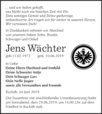 Traueranzeige von Jens Wächter von WVG - Wochenspiegel Wittenberg
