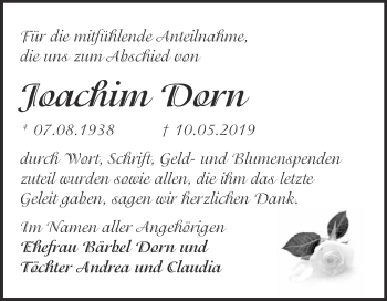 Traueranzeige von Joachim Dorn von WVG - Wochenspiegel Dessau / Köthen