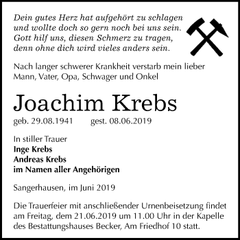 Traueranzeige von Joachim Krebs von Super Sonntag SGH Mansf. Land