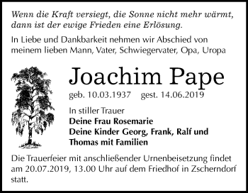 Traueranzeige von Joachim Pape von Mitteldeutsche Zeitung Bitterfeld