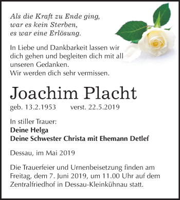 Traueranzeige von Joachim Placht von Mitteldeutsche Zeitung Dessau-Roßlau