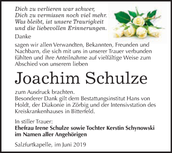 Traueranzeige von Joachim Schulze von WVG - Wochenspiegel Bitterfeld