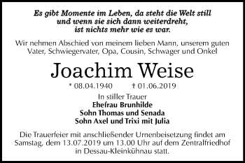 Traueranzeige von Joachim Weise von WVG - Wochenspiegel Dessau / Köthen