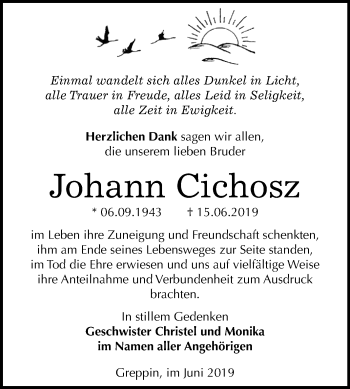Traueranzeige von Johann Cichosz von Mitteldeutsche Zeitung Bitterfeld