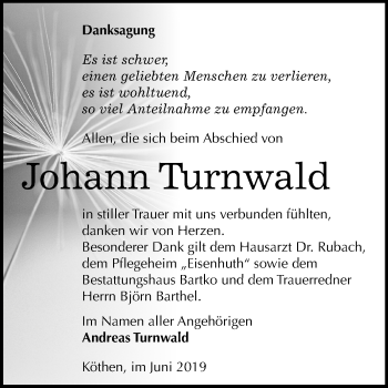 Traueranzeige von Johann Turnwald von Mitteldeutsche Zeitung Köthen
