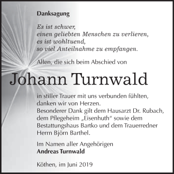 Traueranzeige von Johann Turnwald von WVG - Wochenspiegel Dessau / Köthen