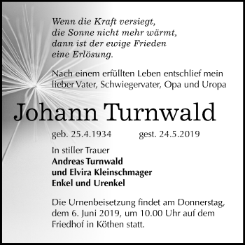 Traueranzeige von Johann Turnwald von Mitteldeutsche Zeitung Köthen