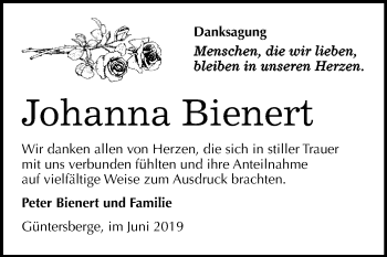 Traueranzeige von Johanna Bienert von WVG - Wochenspiegel Quedlinburg
