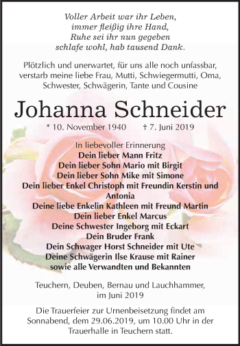 Traueranzeige von Johanna Schneider von WVG - Wochenspiegel NMB / WSF / ZTZ