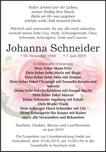 Traueranzeige von Johanna Schneider von Mitteldeutsche Zeitung Weißenfels