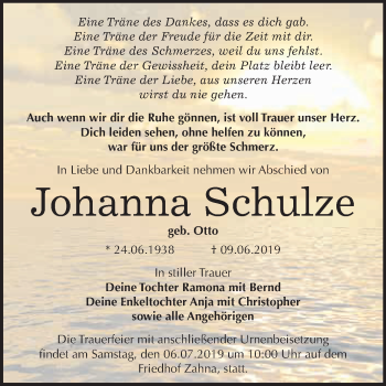 Traueranzeige von Johanna Schulze von WVG - Wochenspiegel Wittenberg