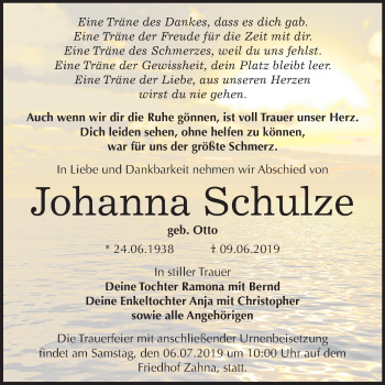 Traueranzeige von Johanna Schulze von Mitteldeutsche Zeitung