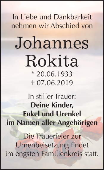 Traueranzeige von Johannes Rokita von Mitteldeutsche Zeitung Merseburg/Querfurt